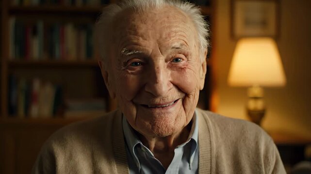 Close-up of the smiling elderly man indoors, smiling shots of the kind elderly man