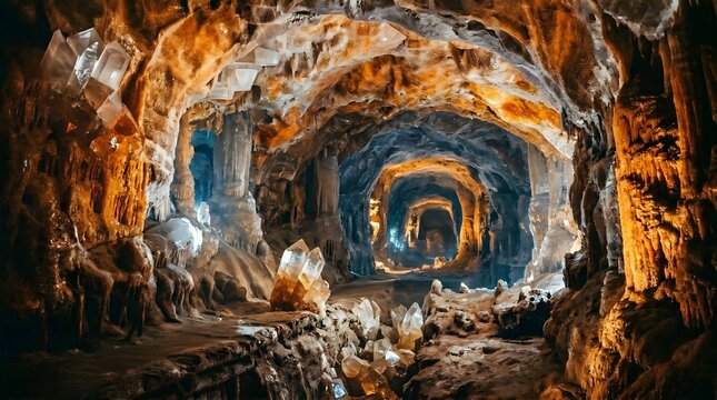Mystical crystal cave with glowing minerals, deep underground cavern with quartz formations, golden illuminated stone tunnel and rock grotto
