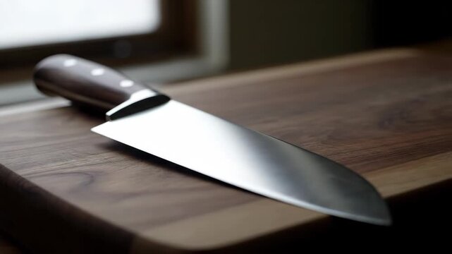 Sharp kitchen knives on kitchen chopping board, kitchen knife close-up display