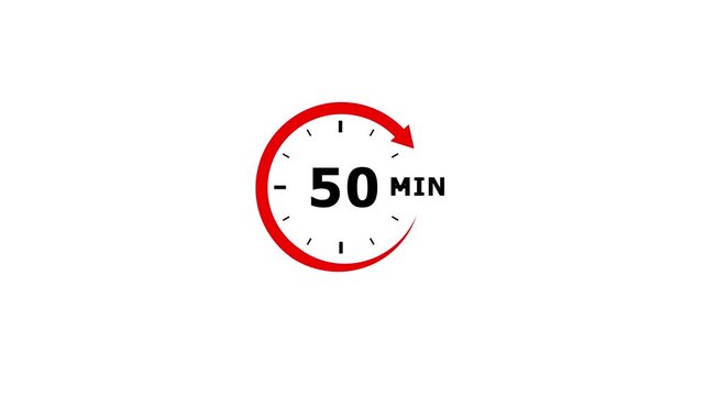 A crisp and uncomplicated graphic icon of a timer, clearly showing the number 50 and the abbreviation MIN, denoting a period of fifty minutes, set against a stark white background, with a vibrant