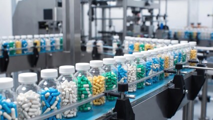 Fototapeta premium Clean bottles line automated conveyor in bright factory