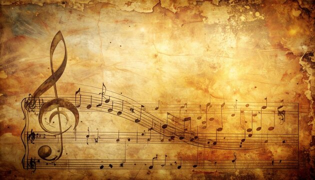 Aged sheet music with musical notes on a vintage, textured background evokes a sense of classical nostalgia and artistic history.