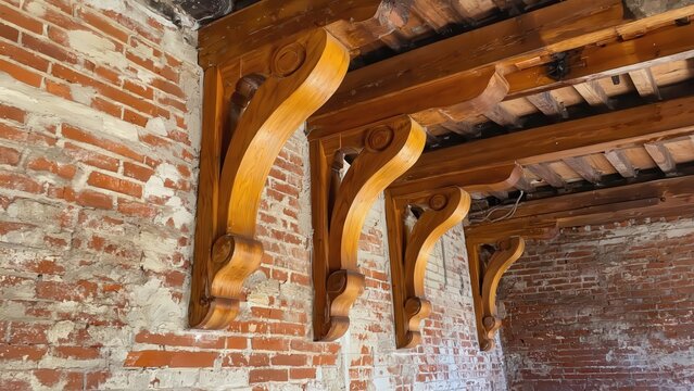 Ornate wooden corbels supporting a rustic timber beam against a weathered brick wall interior architectural detail