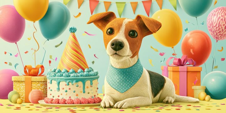 pet birthday celebration, lively dog birthday postcard with cake, balloons, and gifts in a joyful, colorful setting, plus room for text high-quality pet design