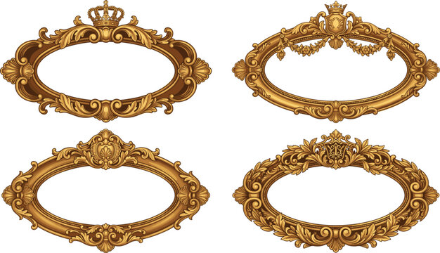 Vintage golden oval frames vector illustration set with luxury baroque crown elements for royal mirror, antique borders and elegant premium invitation design