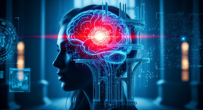 Woman profile with glowing digital brain overlay showing neural activity. Futuristic interface with data circuits and light effects. AI and neuroscience concept for tech marketing.