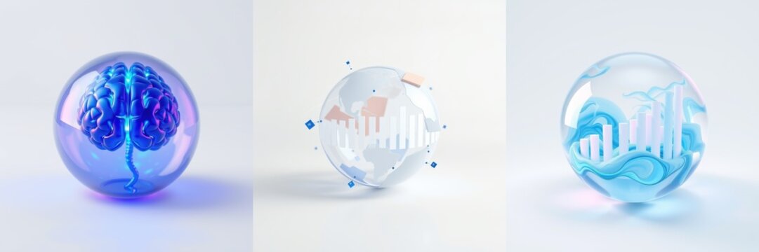 Three spheres depict brain, data visualization, ocean waves. Concepts suggest intelligence, analytics, nature. Minimalist style, cool tones dominate image.