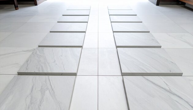 Symmetrical tiled floor with light marble texture and parallel raised rows, symbolizing modern architecture, precision, and minimalist design.