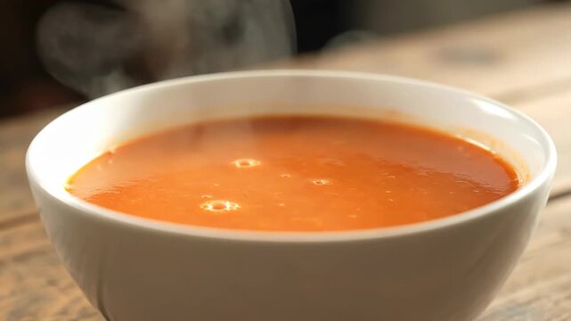 Close-up of tomato soup in a bowl, close-up of steaming thick soup