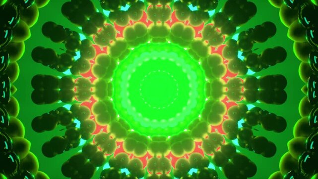 Vibrant green and coral abstract mandala pattern with glowing spherical elements creating a mesmerizing, hypnotic visual effect, perfect for digital art backgrounds