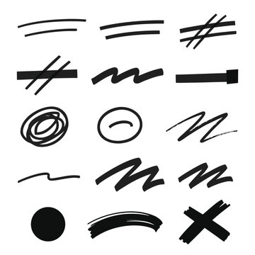 Set of hand drawn marker strokes underlines and strikethroughs for creative design elements featuring various bold black ink graphic shapes