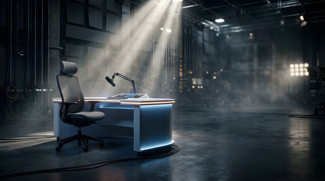 Modern empty studio desk with microphone for television news broadcast