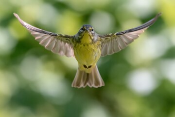 Fototapeta premium The Hummingbird in Flight Facing Camera Among Lush Green Foliage and Light