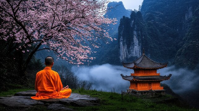 Buddhist Monk Meditating Beside Cherry Blossoms and Pagoda