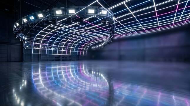 Modern virtual television studio with glowing neon LED grid ceiling lights