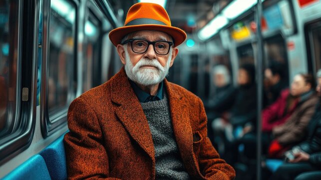 Stylish Senior Man Wearing Orange Fedora and Coat on Subway Train