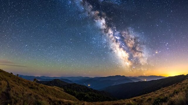 Vast celestial band arches over distant rolling hills at night
