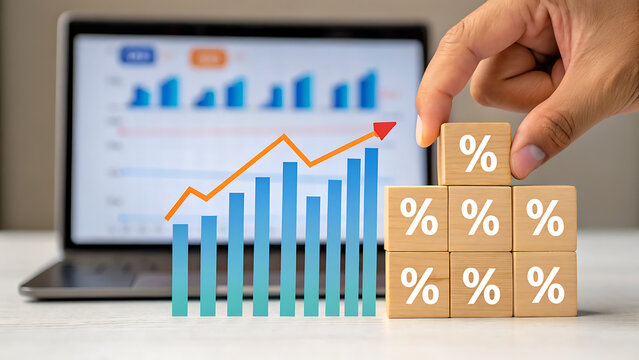 Hand placing percentage block on digital growth chart with laptop