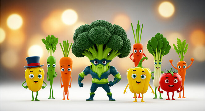 Group of cute anthropomorphic vegetable characters with a broccoli superhero. Friendly cartoon carrot, pepper, and tomato mascots on a bokeh background. Healthy nutrition concept for kids.