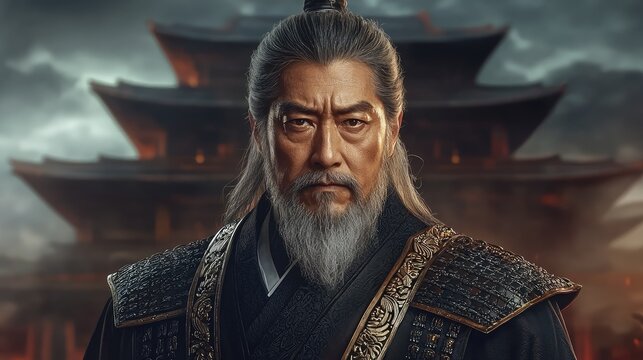 Portrait of an Ancient East Asian Warrior Commander in Traditional Armor