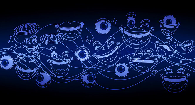 Abstract blue doodle with expressive faces and smiling mouths. Glowing line art characters on a dark background with flowing lines. Happy emotion concept for creative backgrounds and digital design.