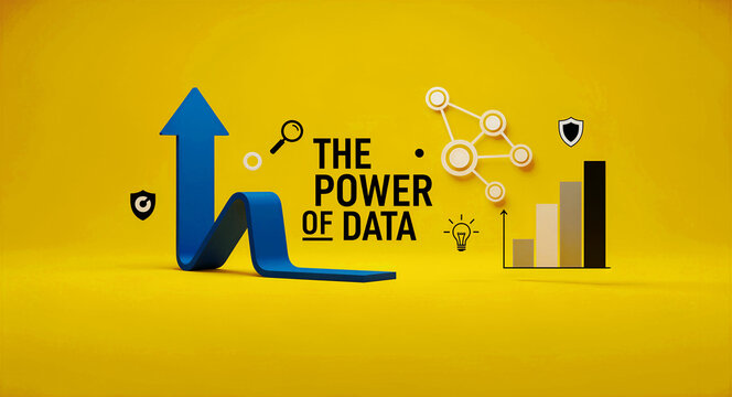 Blue rising arrow and text "The Power of Data" on yellow. Business icons for analytics, security, and networking. Growth and data insight concept for corporate marketing and tech campaigns.