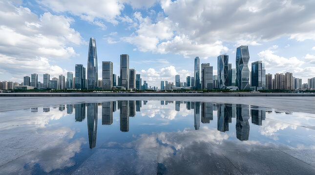 Modern city skyline with reflection in water