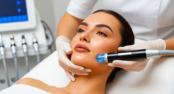 Woman receiving professional facial skin treatment at a beauty clinic. Expert aesthetician performing rejuvenation using advanced technology. Anti-aging skincare concept for spa and dermatology.