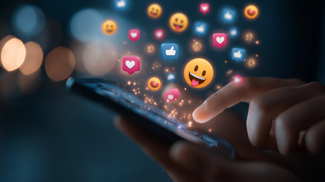 Smartphone displaying social media reactions with likes, hearts and emojis, symbolizing engagement, online communication and digital trends.