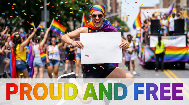 Web banner PROUD AND FREE. Excited young man jumping high with copy-space sign during rainbow lgbt pride parade on city street. Equality month, LGBTQ plus diversity. Symbolism of concept love is love.