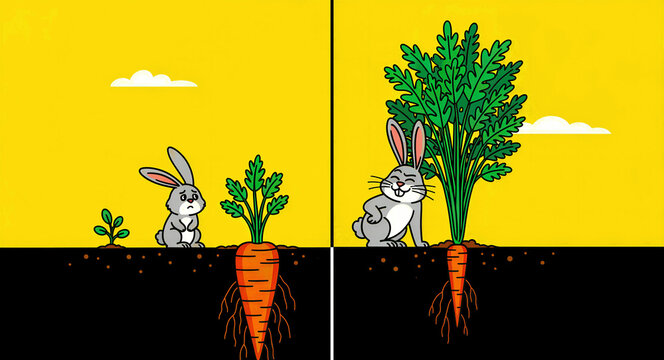 Cartoon rabbit comparing two carrots with different root and leaf sizes. Illustration shows a sad rabbit next to a large carrot and a happy rabbit next to large leaves. Metaphor for true value.