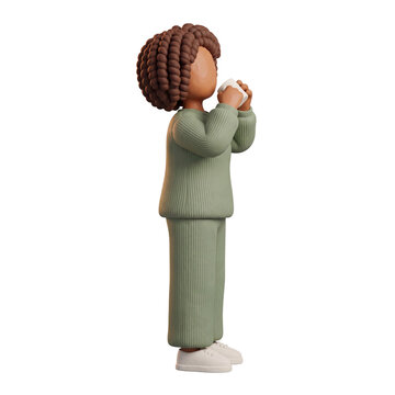 3D Claymorphism Faceless Woman Standing Side Profile Drinking From Mug First Sip Morning Wellness White Background
