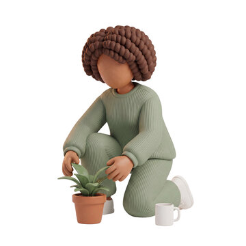 3D Claymorphism Faceless Woman Crouching Tending Potted Plant Home Wellness Mindful Living White Background