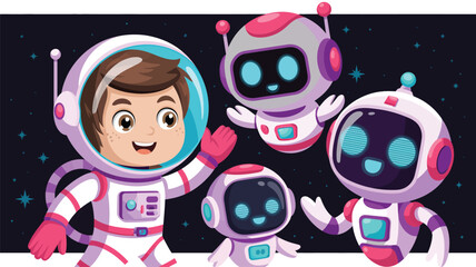 Fototapeta premium Digital illustration of a young astronaut boy waving with friendly robots in outer space set