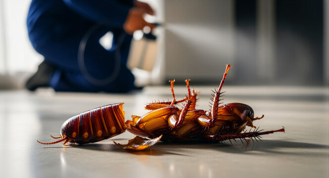 Dead cockroach on floor with pest control professional in background. Exterminator spraying pesticide to eliminate infestation in home. Hygiene service concept for pest management marketing.