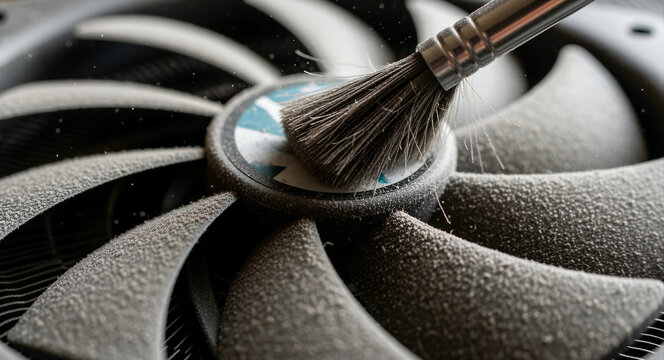 Cleaning a dusty computer fan with a small brush. Macro shot of a technician removing debris from a cooling system component. PC hardware maintenance concept for tech repair and optimization services.