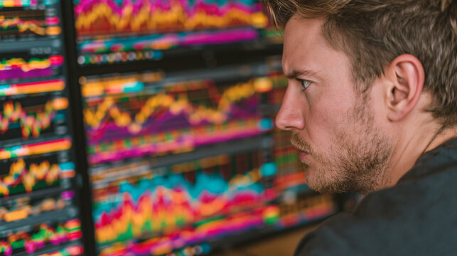 A financial analyst reviews charts and graphs displaying economic cycles and investment returns on a large screen in a modern office, with ample copy space for text or graphics.