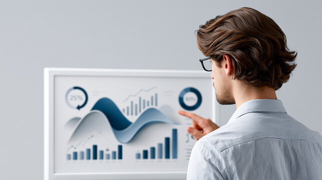 A financial analyst reviews charts and graphs displaying economic cycles and investment returns on a large screen in a modern office, with ample copy space for text or graphics.