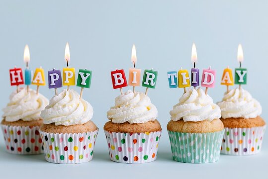 The Birthday Cupcakes with Candles and Colorful Polka Dot Wrappers
