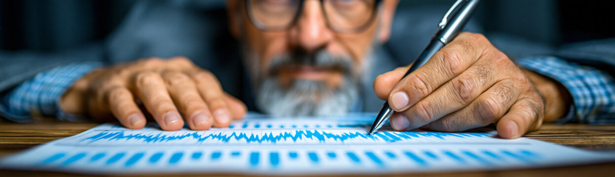 A business professional examines a report with fluctuating economic cycles and their corresponding investment returns, with a blank space for adding custom content.