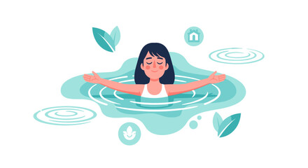 Woman relaxing in calm water surrounded by leaves. © Design