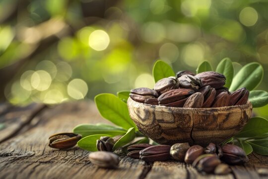 Fresh irvingia gabonensis seeds, also known as african mango or wild mango, with leaves in a wooden bowl on a rustic table, promoting healthy eating and natural remedies