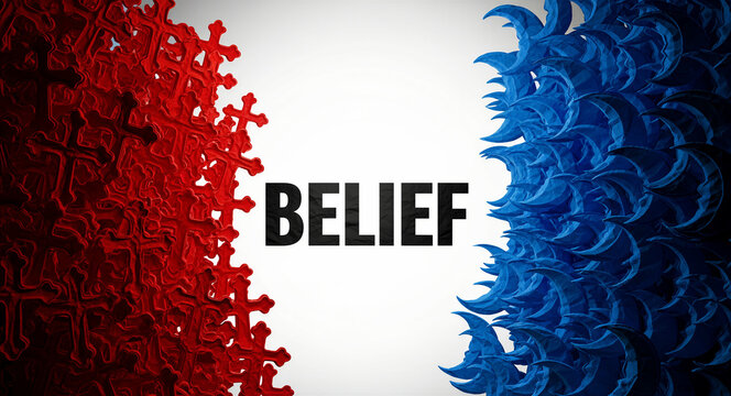 Word BELIEF between red Christian crosses and blue Islamic crescents. Graphic illustration of contrasting major religious symbols. Concept of interfaith dialogue, spiritual diversity and harmony.