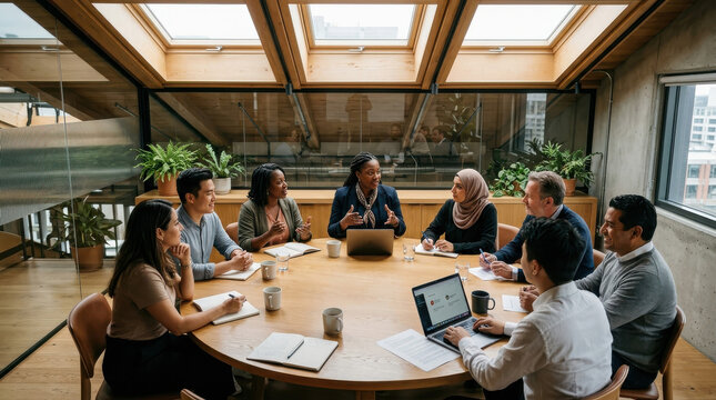 Business meeting roundtable office team discussion professional group round wooden table in modern glass boardroom with laptop, notebook, plant, skylight, diverse coworker