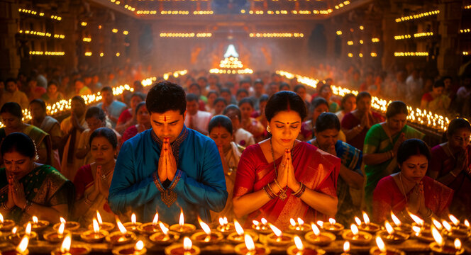 Indian couple praying with folded hands during a religious festival in a temple. Large crowd of devotees surrounded by hundreds of glowing oil lamps at night. Deepavali celebration and Hindu worship.