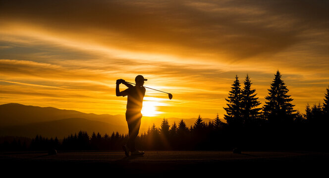 Silhouette of a male golfer finishing his swing at sunset with mountain views. Vibrant golden sky over a scenic golf course and pine trees. Luxury sports and leisure concept for travel marketing.