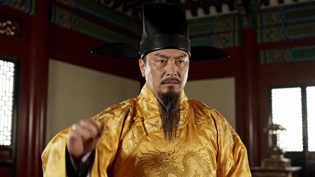 Ancient officials wearing dragon robes, waving in ancient court halls