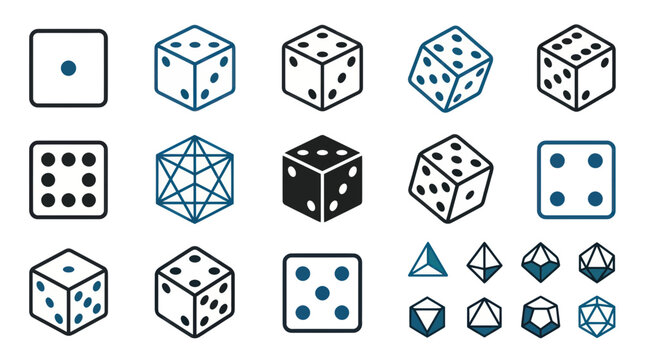 Dice Collection: Game Cubes and Polyhedrons, Chance, Luck, and Probability Icons