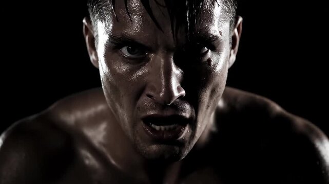 Close-up of a male boxer, close-up of an angry muscleman shouting