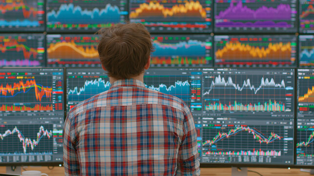 A financial analyst reviews charts and graphs displaying economic cycles and investment returns on a large screen in a modern office, with ample copy space for text or graphics.
